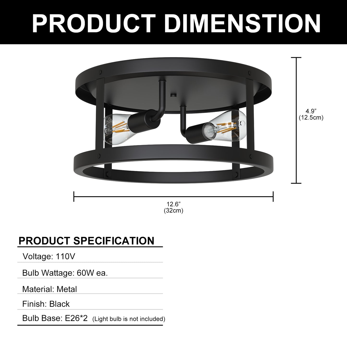 YANSUN 2-Light 12.6 in. Matte Black Drum Flush Mount Ceiling Light