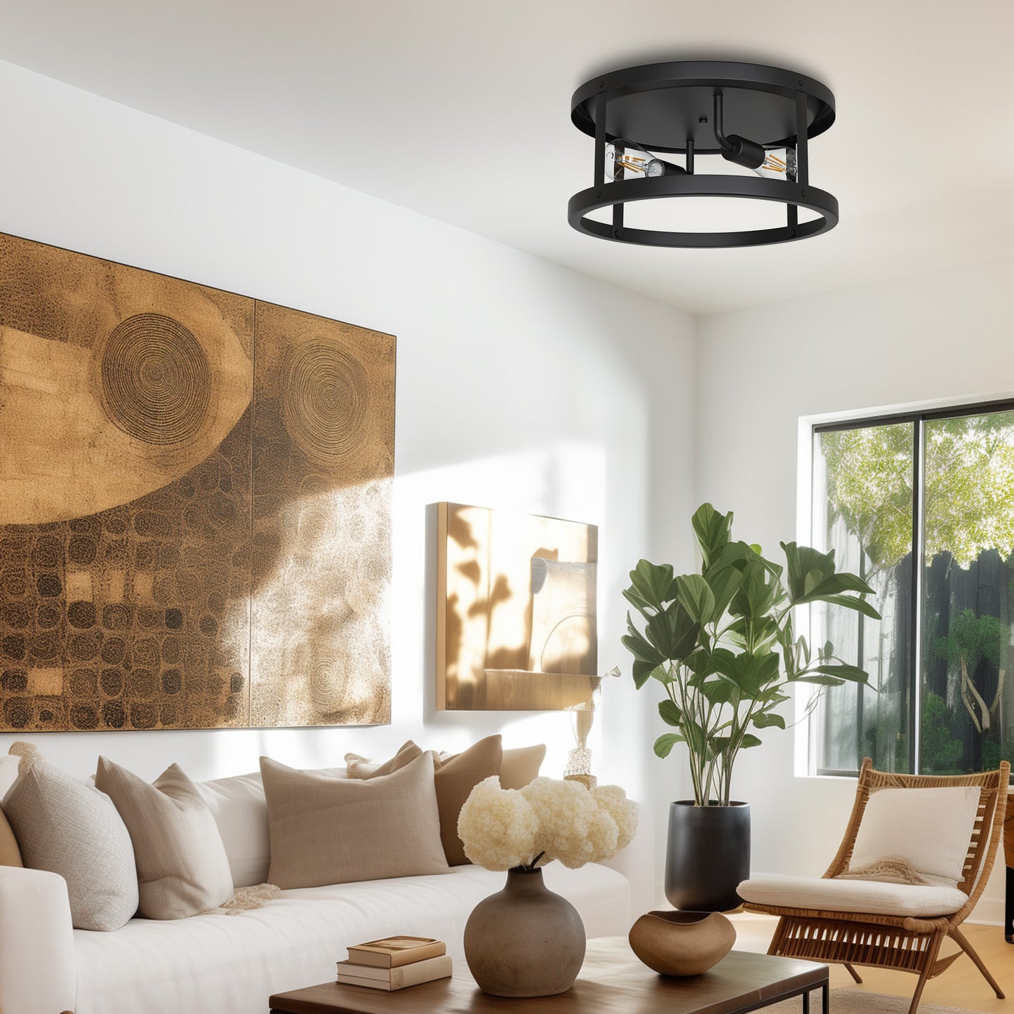 YANSUN 2-Light 12.6 in. Matte Black Drum Flush Mount Ceiling Light