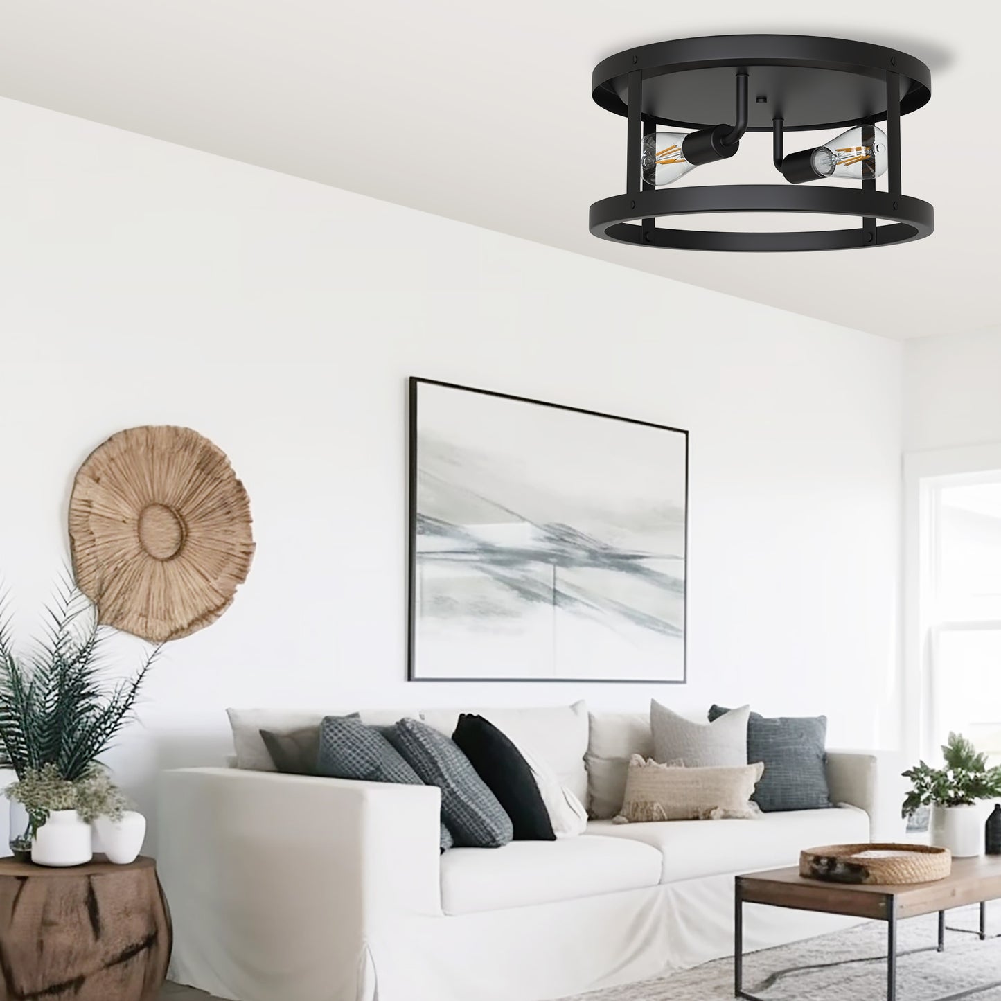 YANSUN 2-Light 12.6 in. Matte Black Drum Flush Mount Ceiling Light