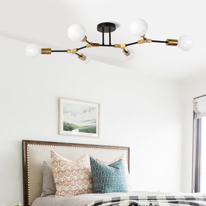 35 in. 6-Light Black and Gold Modern Sputnik Semi-Flush Mount, for Bedroom Living Room Hallway