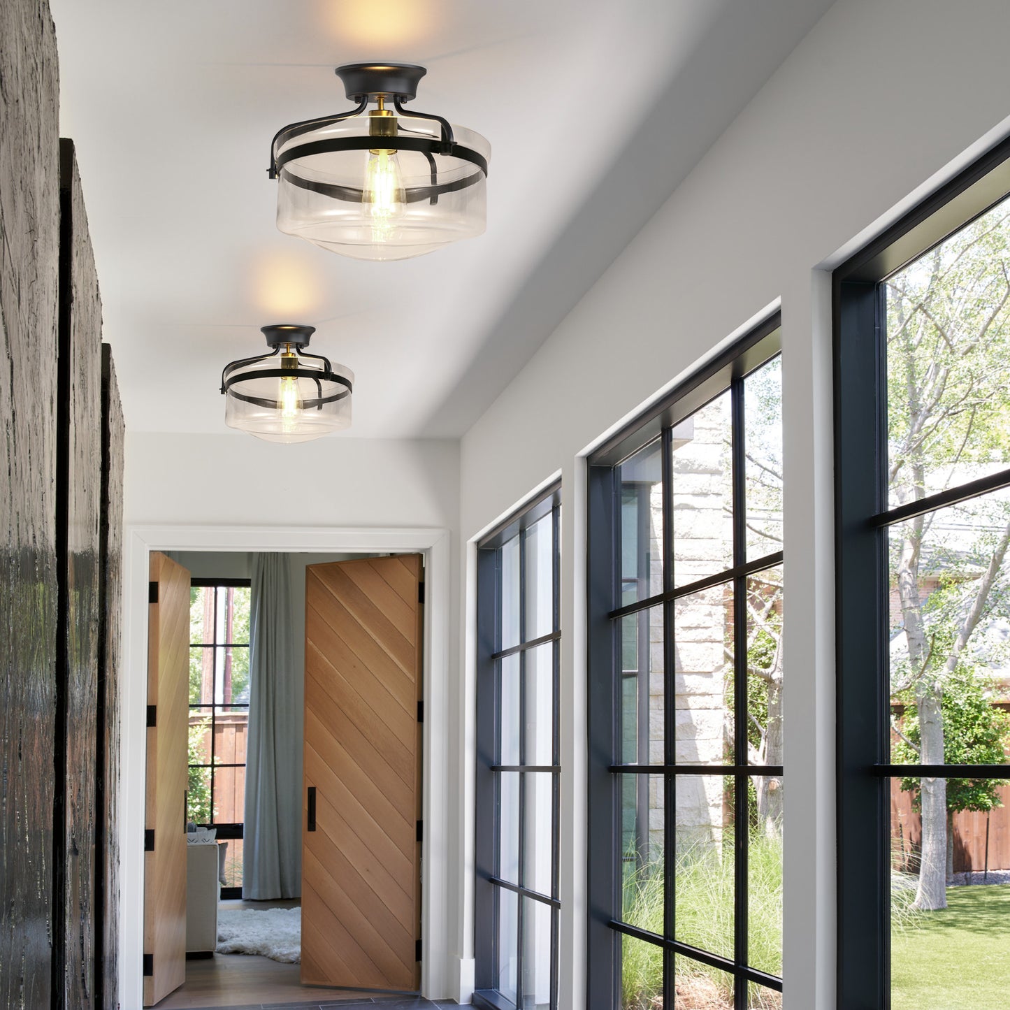 YANSUN 12 in. 1-Light Black Semi-Flush Mount Ceiling Light with Clear Glass Shade for Bedroom Foyer (1-Pack)