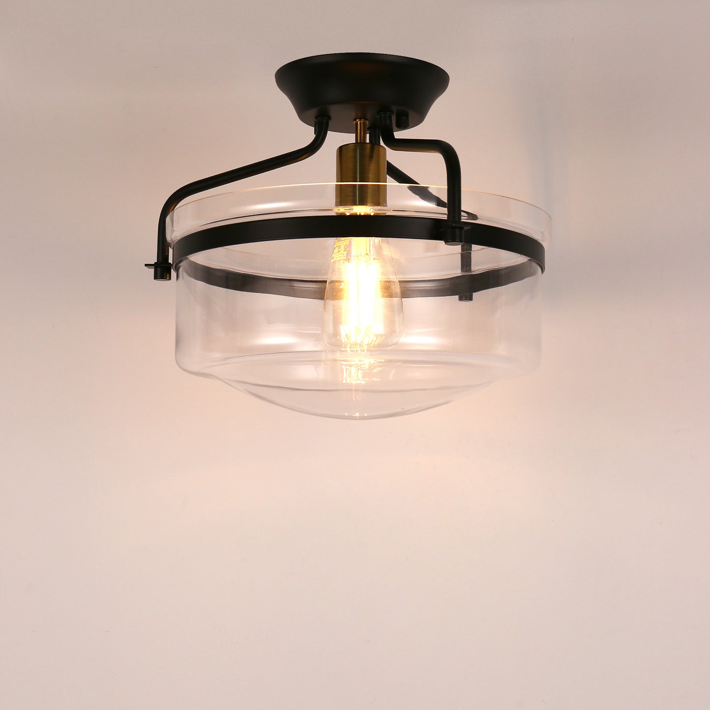 YANSUN 12 in. 1-Light Black Semi-Flush Mount Ceiling Light with Clear Glass Shade for Bedroom Foyer (1-Pack)