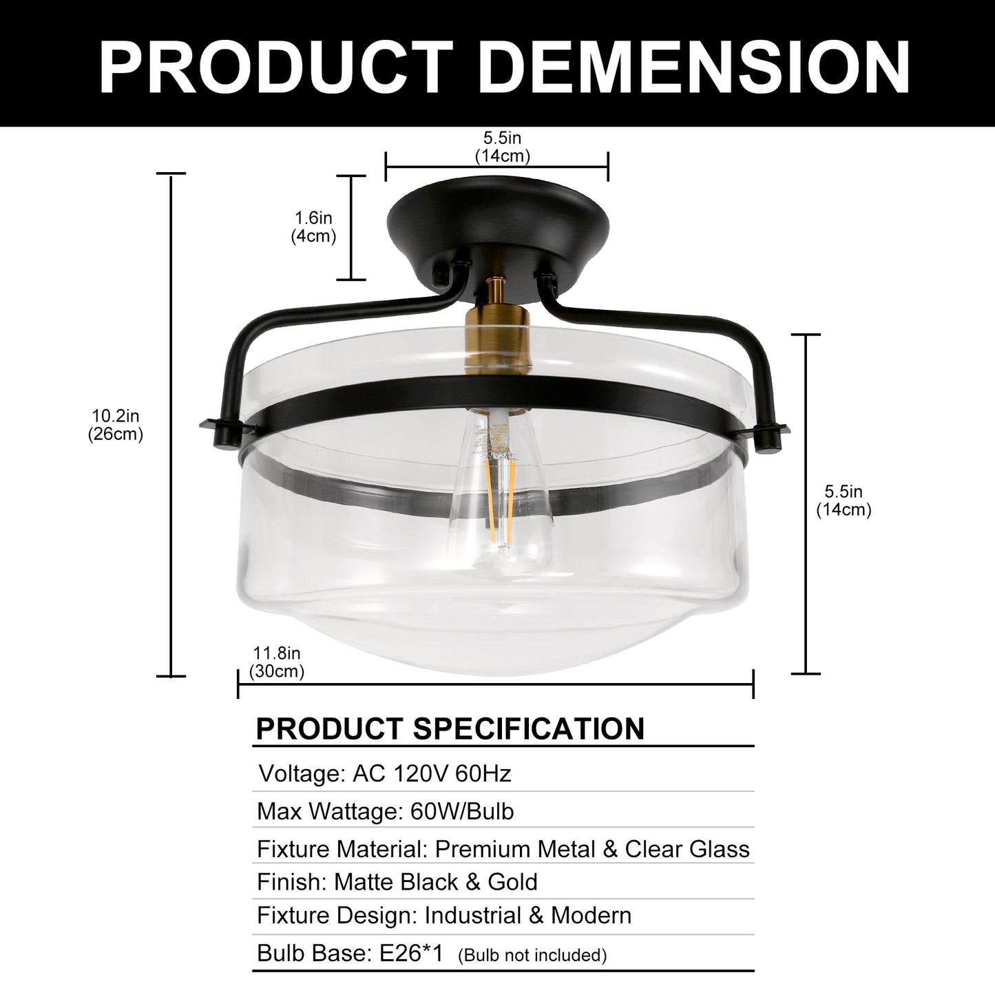 YANSUN 12 in. 1-Light Black Semi-Flush Mount Ceiling Light with Clear Glass Shade for Bedroom Foyer (1-Pack)