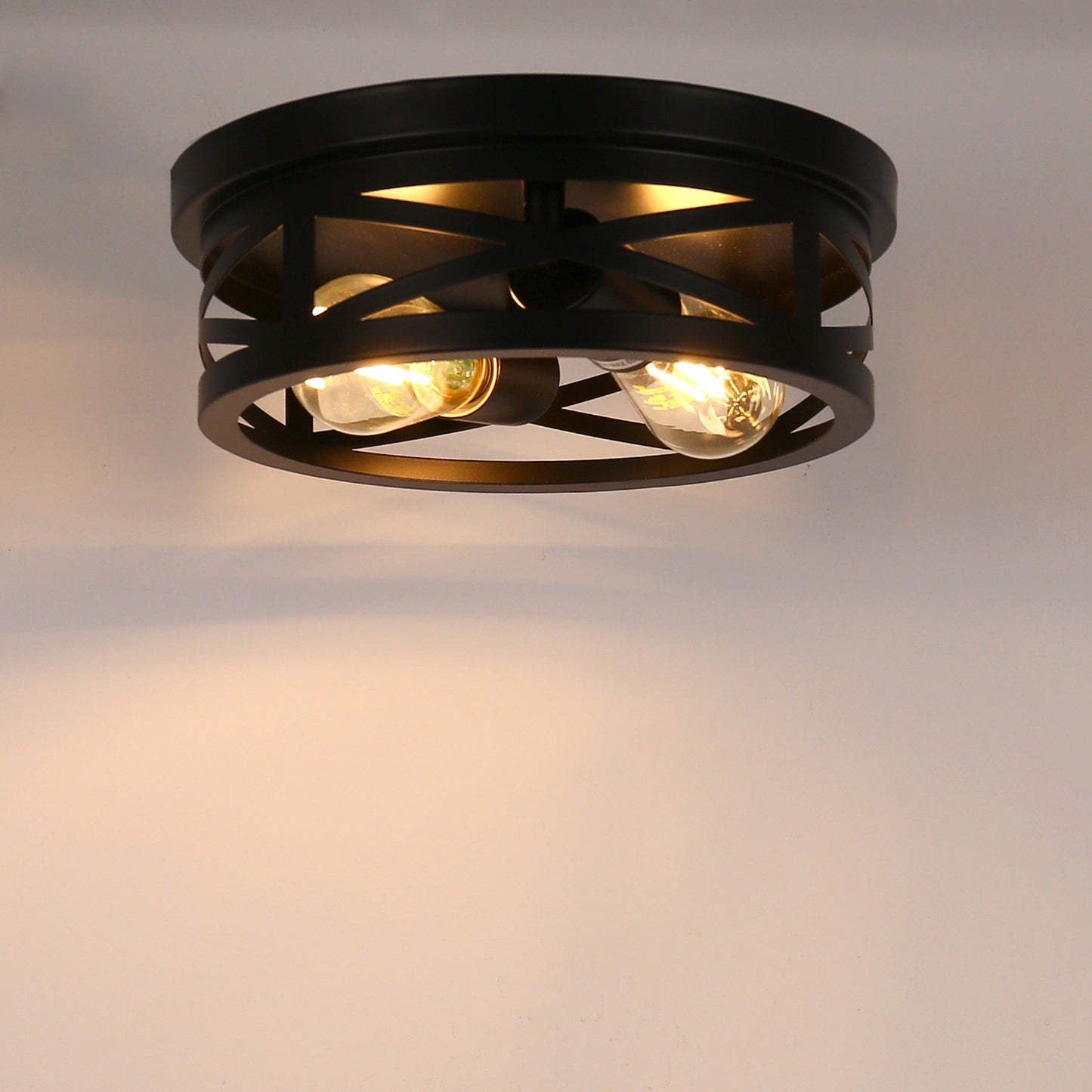 YANSUN 11 in. Black Industrial Metal Frame Flush Mount Ceiling Light with Drum Metal Cage Shade E26 Base (Bulbs Not Included)