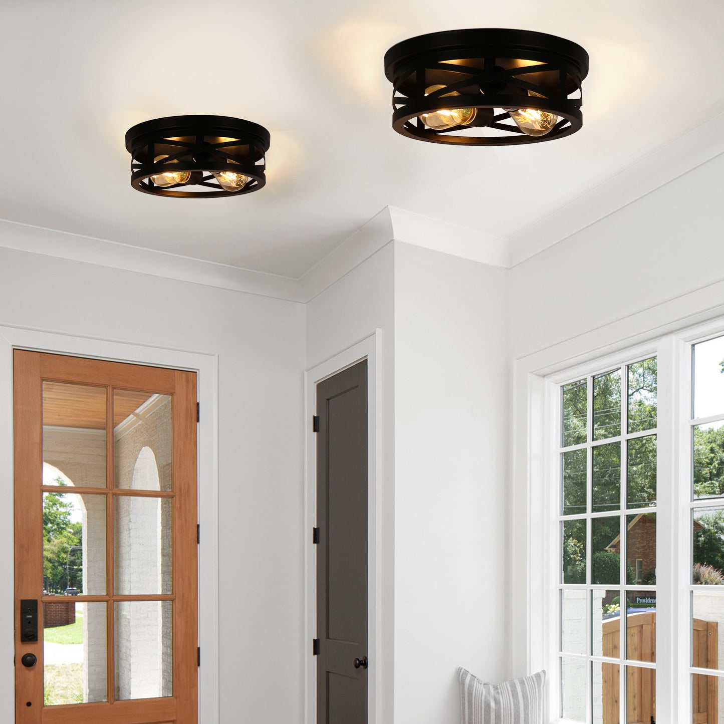 YANSUN 11 in. Black Industrial Metal Frame Flush Mount Ceiling Light with Drum Metal Cage Shade E26 Base (Bulbs Not Included)