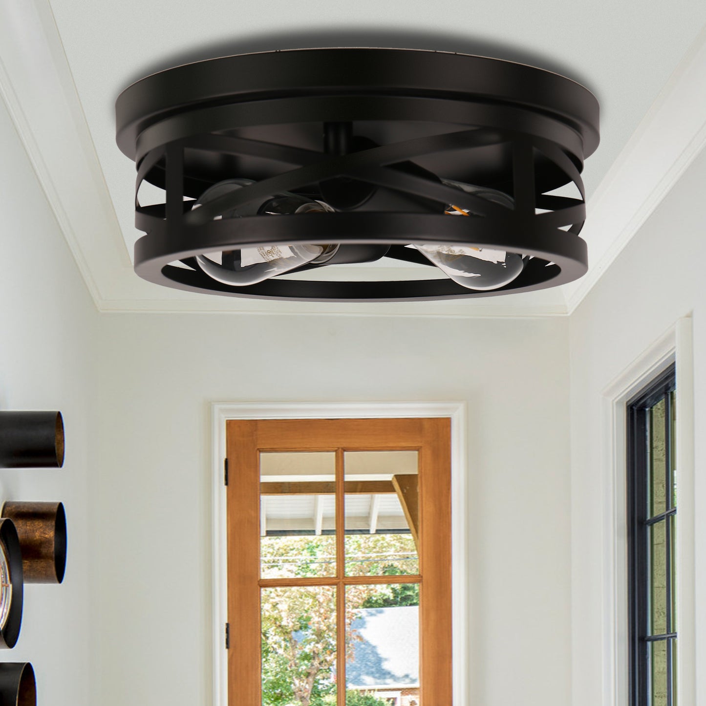 YANSUN 11 in. Black Industrial Metal Frame Flush Mount Ceiling Light with Drum Metal Cage Shade E26 Base (Bulbs Not Included)