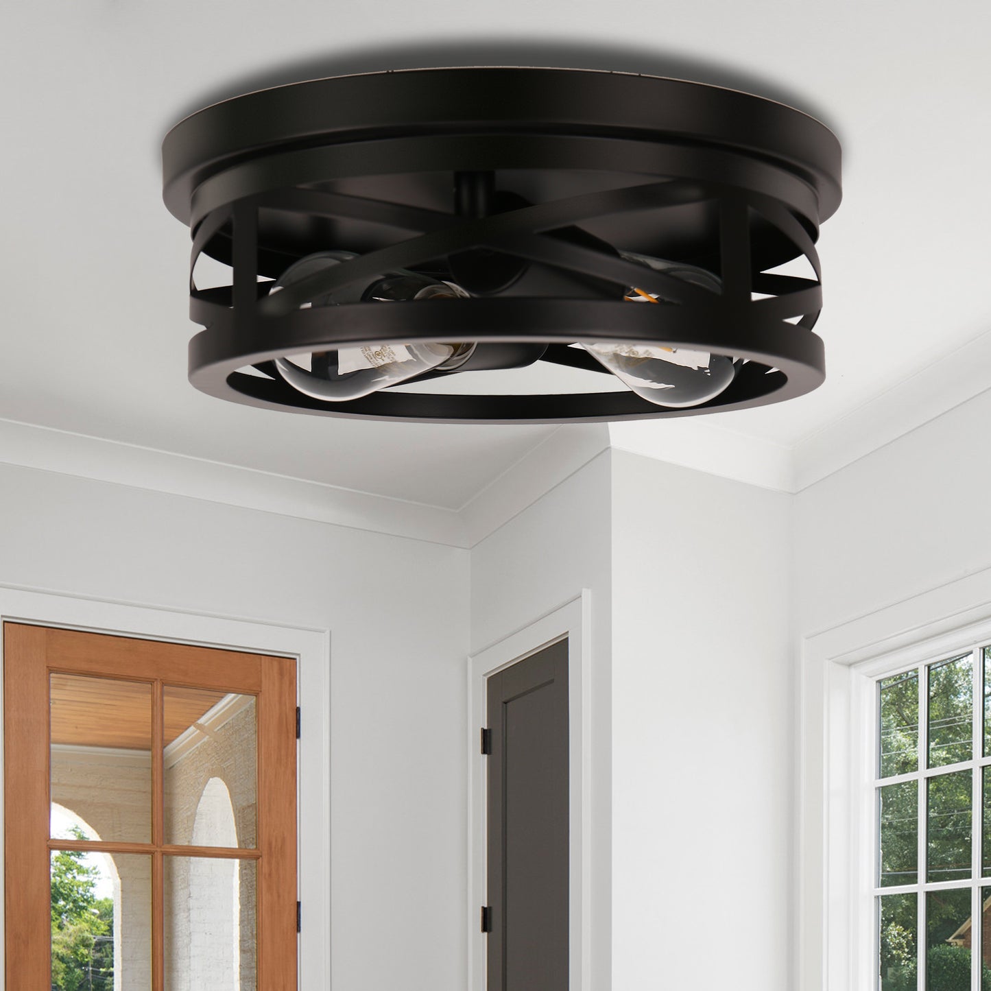 YANSUN 11 in. Black Industrial Metal Frame Flush Mount Ceiling Light with Drum Metal Cage Shade E26 Base (Bulbs Not Included)