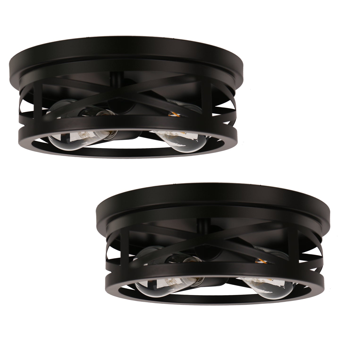 11 in. 2-Light Black Farmhouse Flush Mount with Drum Metal Cage Shade for Entryway Bedroom (2-Pack)
