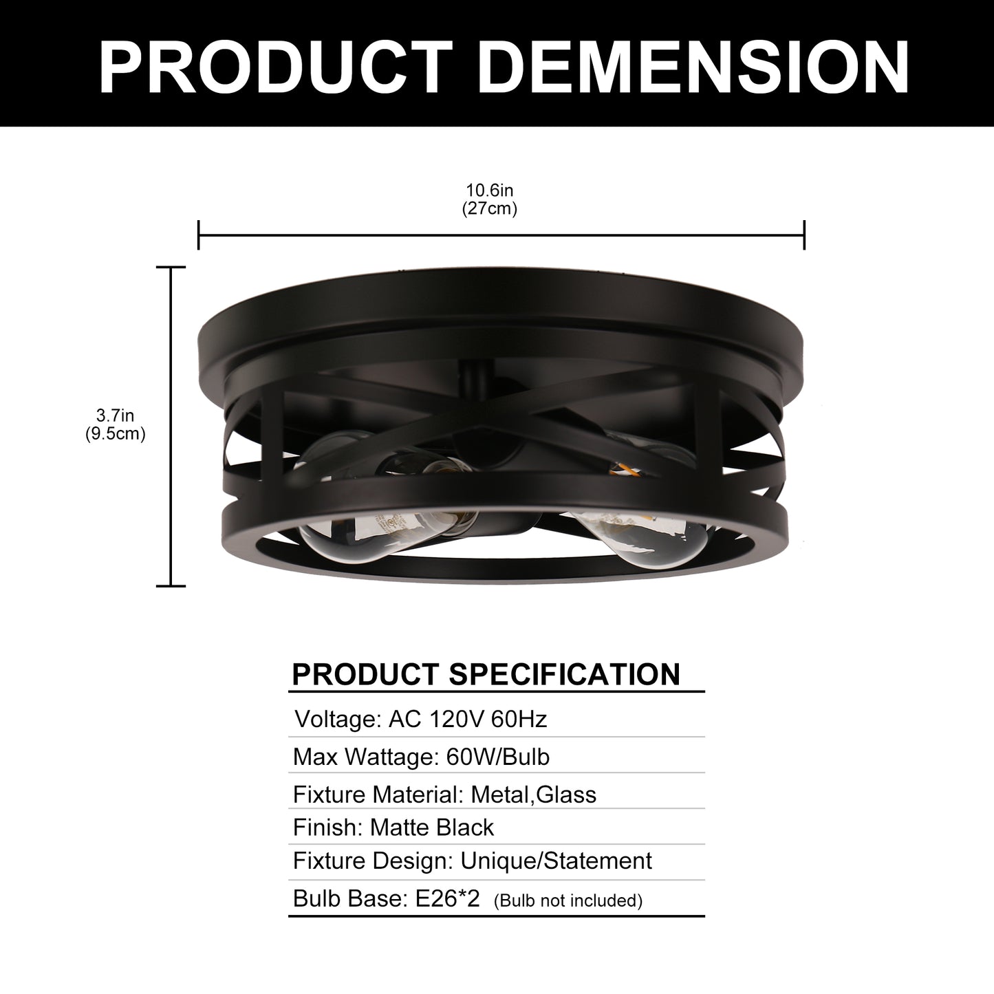 YANSUN 11 in. Black Industrial Metal Frame Flush Mount Ceiling Light with Drum Metal Cage Shade E26 Base (Bulbs Not Included)