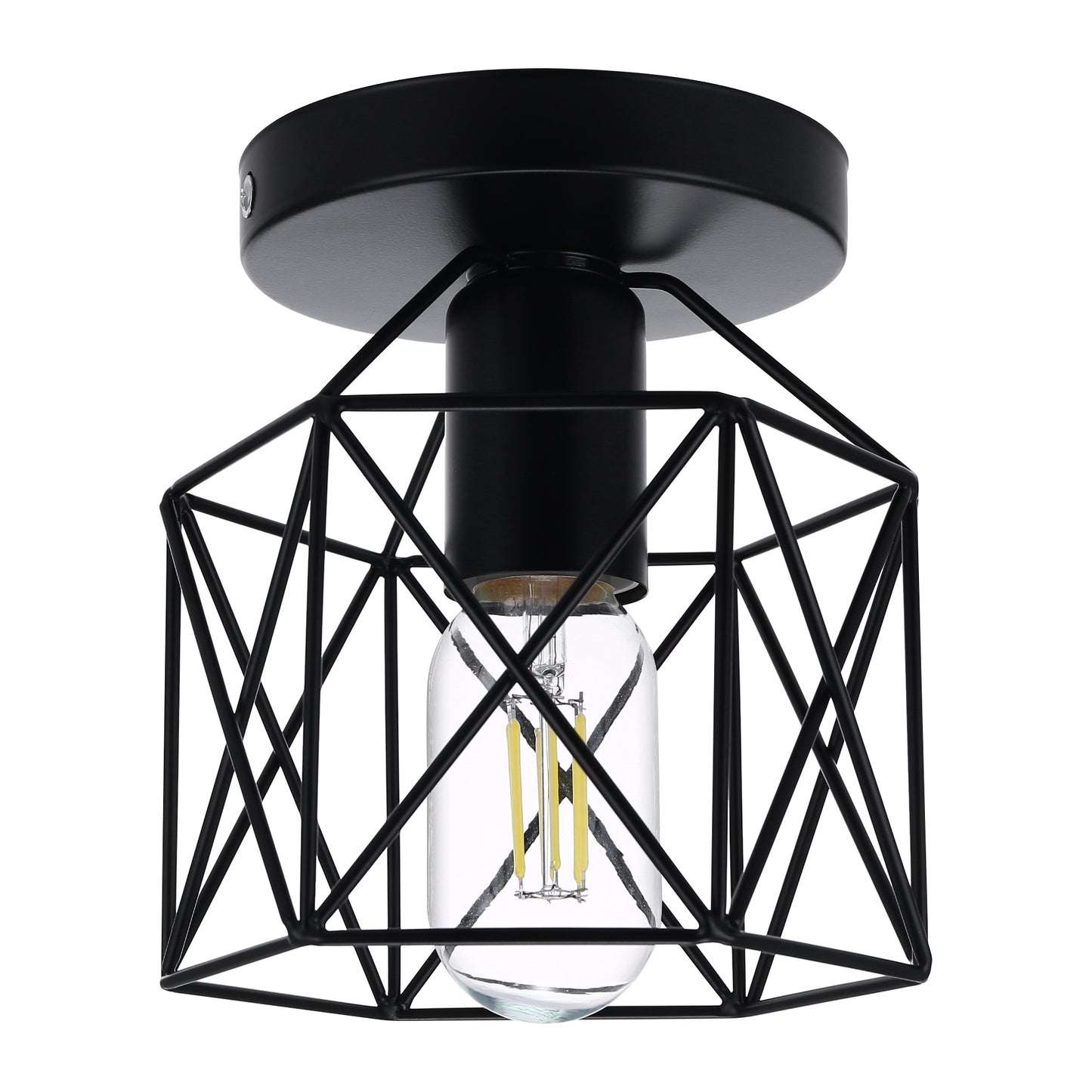 6 in. 1-Light Black Industrial Semi-Flush Mount Ceiling Light with Metal Cage Shade for Porch Hallway