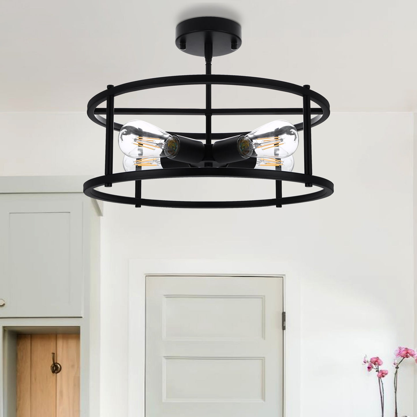17 in. 4-Light Black Industria Caged Drum Ceiling Semi-Flush Mount Light for Kitchen Island Dining Room