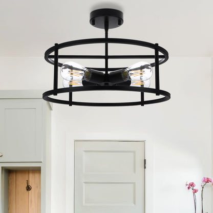 17 in. 4-Light Black Industria Caged Drum Ceiling Semi-Flush Mount Light for Kitchen Island Dining Room