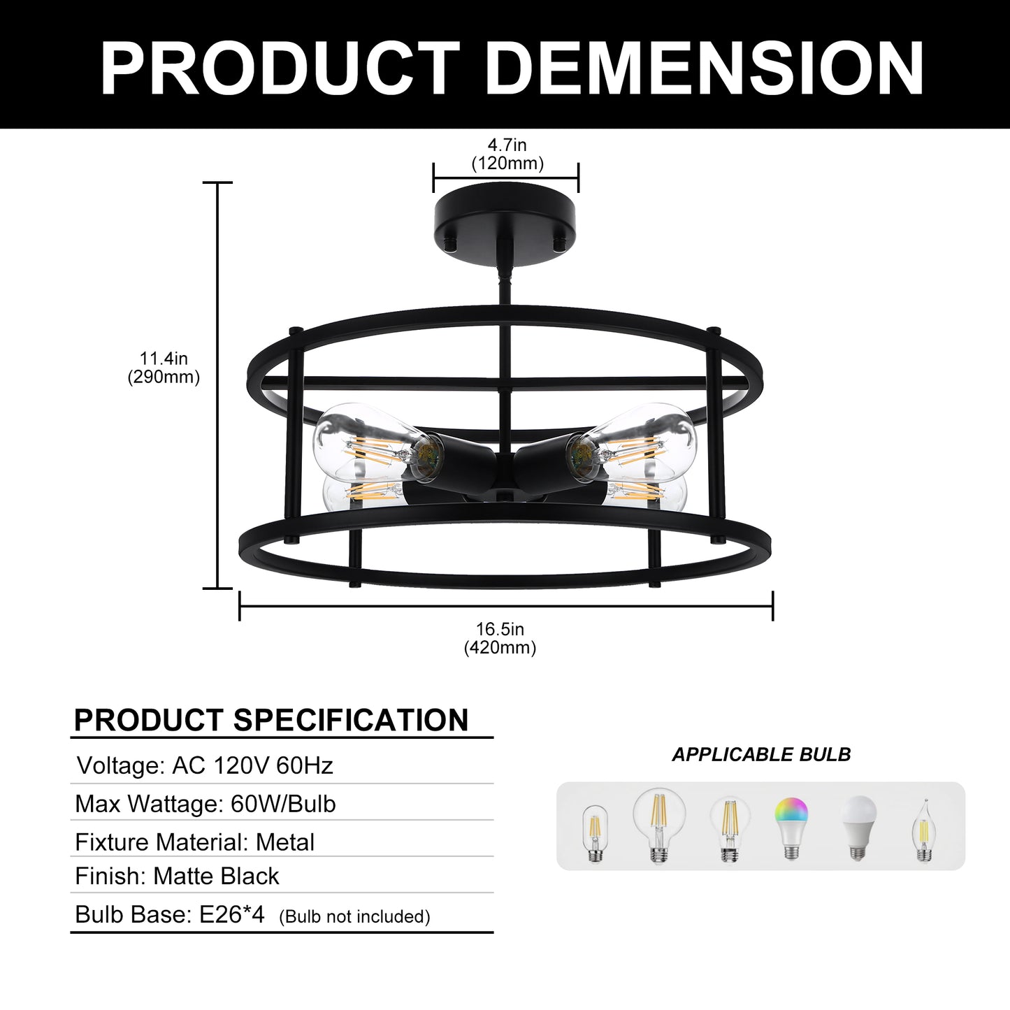 17 in. 4-Light Black Industria Caged Drum Ceiling Semi-Flush Mount Light for Kitchen Island Dining Room