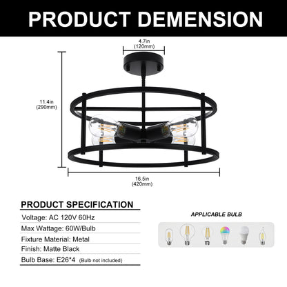 17 in. 4-Light Black Industria Caged Drum Ceiling Semi-Flush Mount Light for Kitchen Island Dining Room