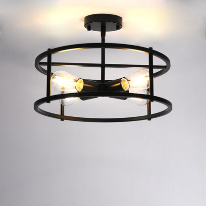 17 in. 4-Light Black Industria Caged Drum Ceiling Semi-Flush Mount Light for Kitchen Island Dining Room