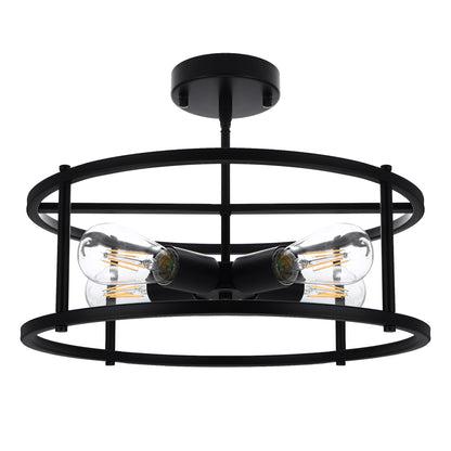 17 in. 4-Light Black Industria Caged Drum Ceiling Semi-Flush Mount Light for Kitchen Island Dining Room