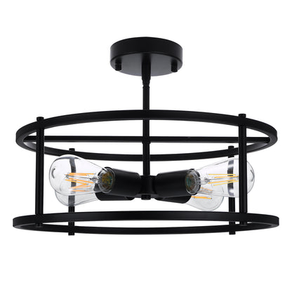 17 in. 4-Light Black Industria Caged Drum Ceiling Semi-Flush Mount Light for Kitchen Island Dining Room