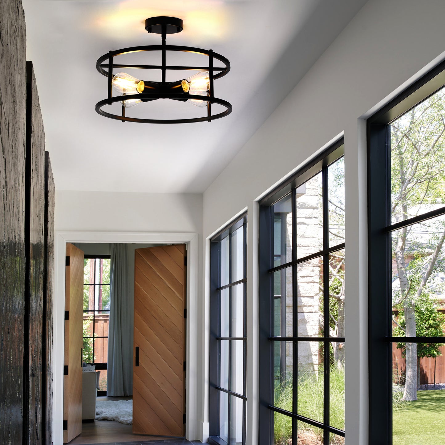 17 in. 4-Light Black Industria Caged Drum Ceiling Semi-Flush Mount Light for Kitchen Island Dining Room