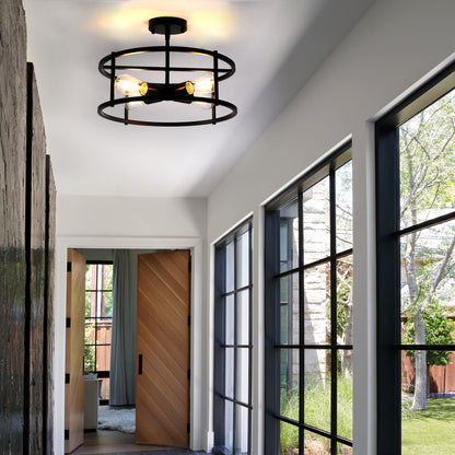 17 in. 4-Light Black Industria Caged Drum Ceiling Semi-Flush Mount Light for Kitchen Island Dining Room