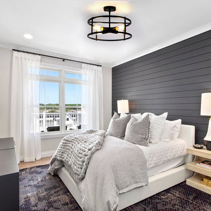 17 in. 4-Light Black Industria Caged Drum Ceiling Semi-Flush Mount Light for Kitchen Island Dining Room