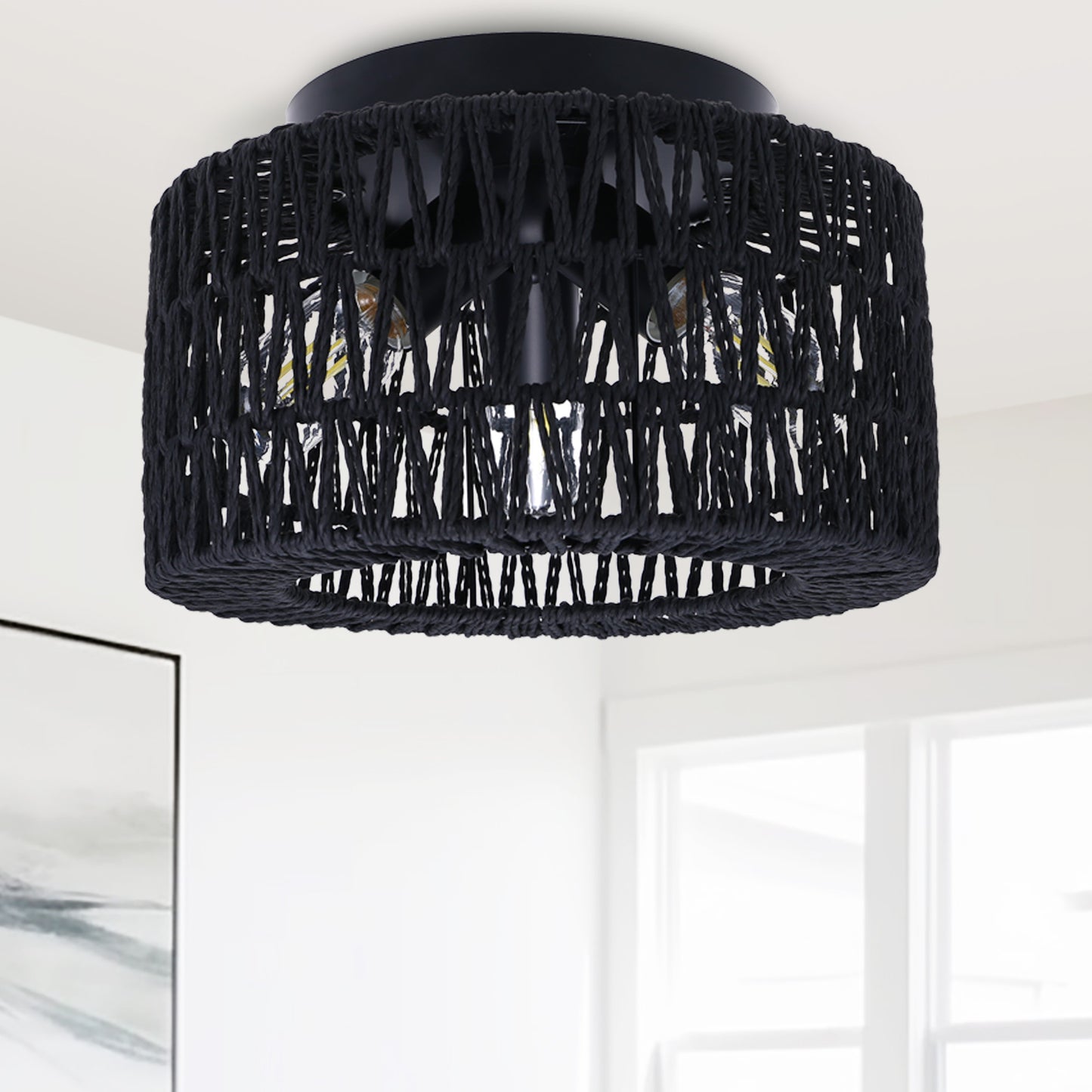 YANSUN 11.8 in.3-Light Black Flush Mount Ceiling Light with Hand-Woven Cage Shade for Hallway Bedroom