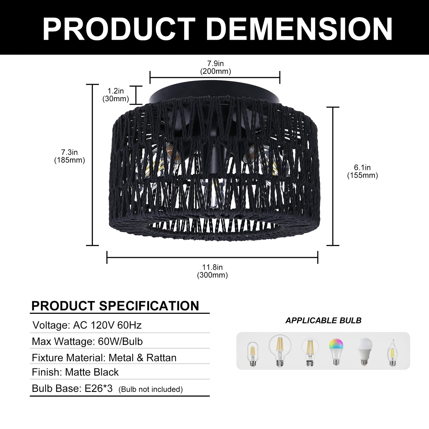 YANSUN 11.8 in.3-Light Black Flush Mount Ceiling Light with Hand-Woven Cage Shade for Hallway Bedroom
