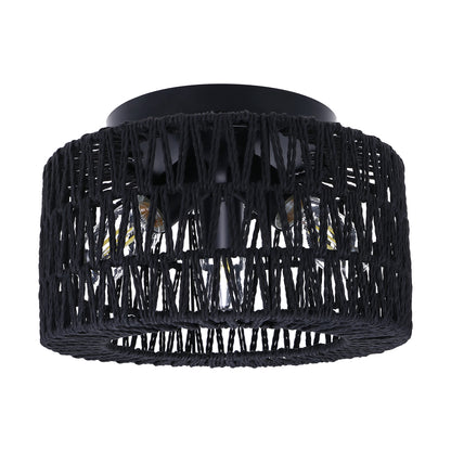 11.8 in. 3-Light Black Rattan Flush Mount Ceiling Light with Hand-Woven Cage Shaded for Hallway Bedroom