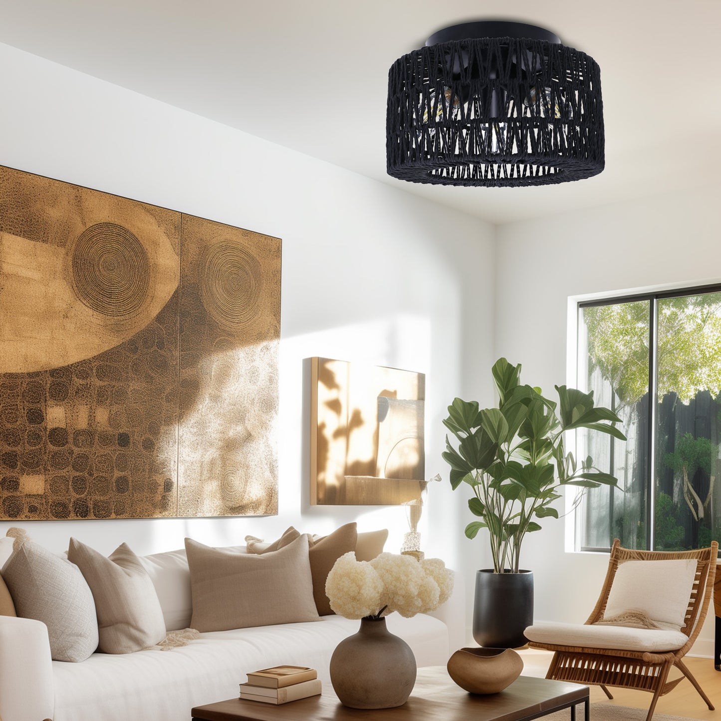 YANSUN 11.8 in.3-Light Black Flush Mount Ceiling Light with Hand-Woven Cage Shade for Hallway Bedroom