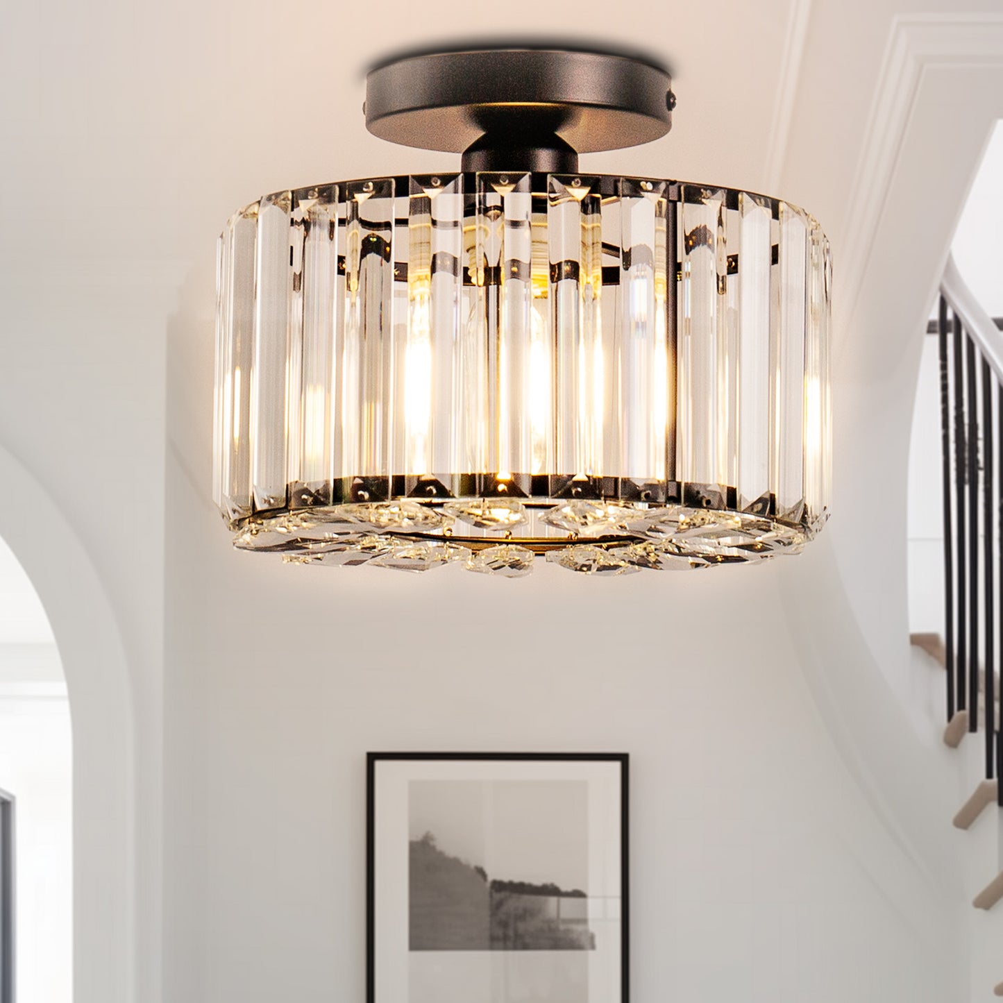 10 in. 1-Light Black Modern Semi-Flush Mount with Crystal Shade and No Bulbs Included