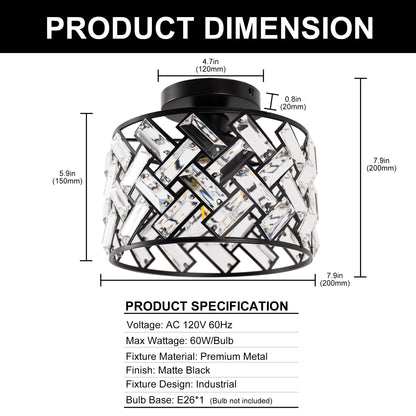 8 in. 1-Light Black Modern Semi-Flush Mount with Shade and No Bulbs Included