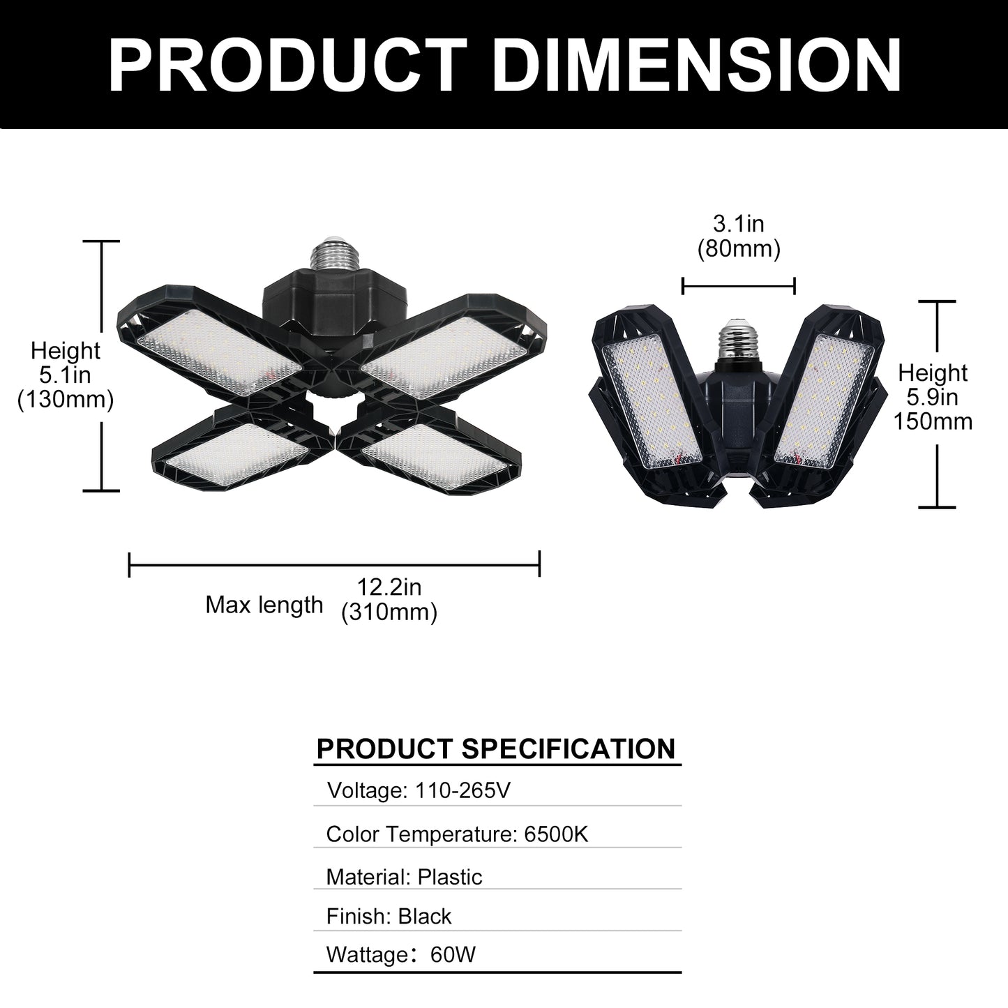 YANSUN 4-Pack 60W LED Garage Light E26 Deformable 4-Leaf Ceiling Light 3000LM 6500K Shop Basement Workshop Lighting Fixture