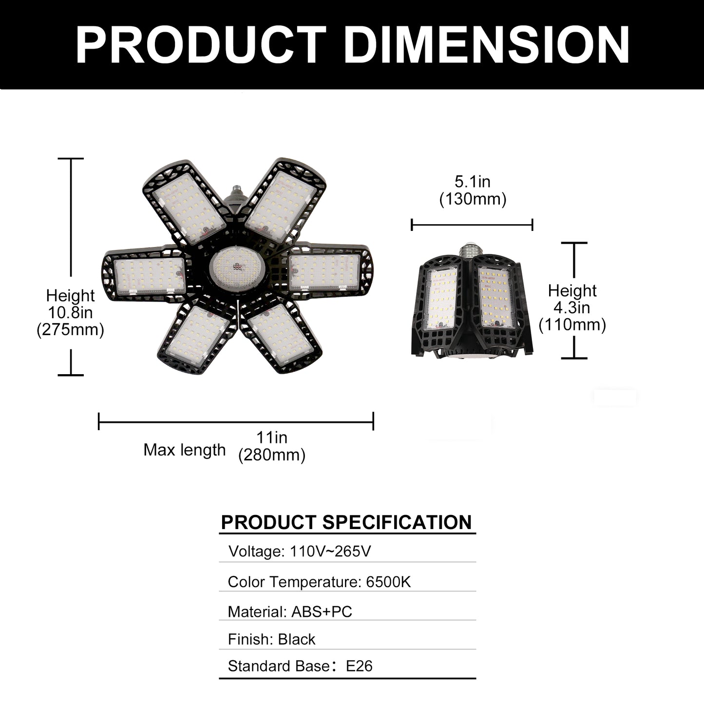 YANSUN 6-Blade E26 LED Garage Light, 48W (Equivalent to 281W), 6500K White Light, 110-265V