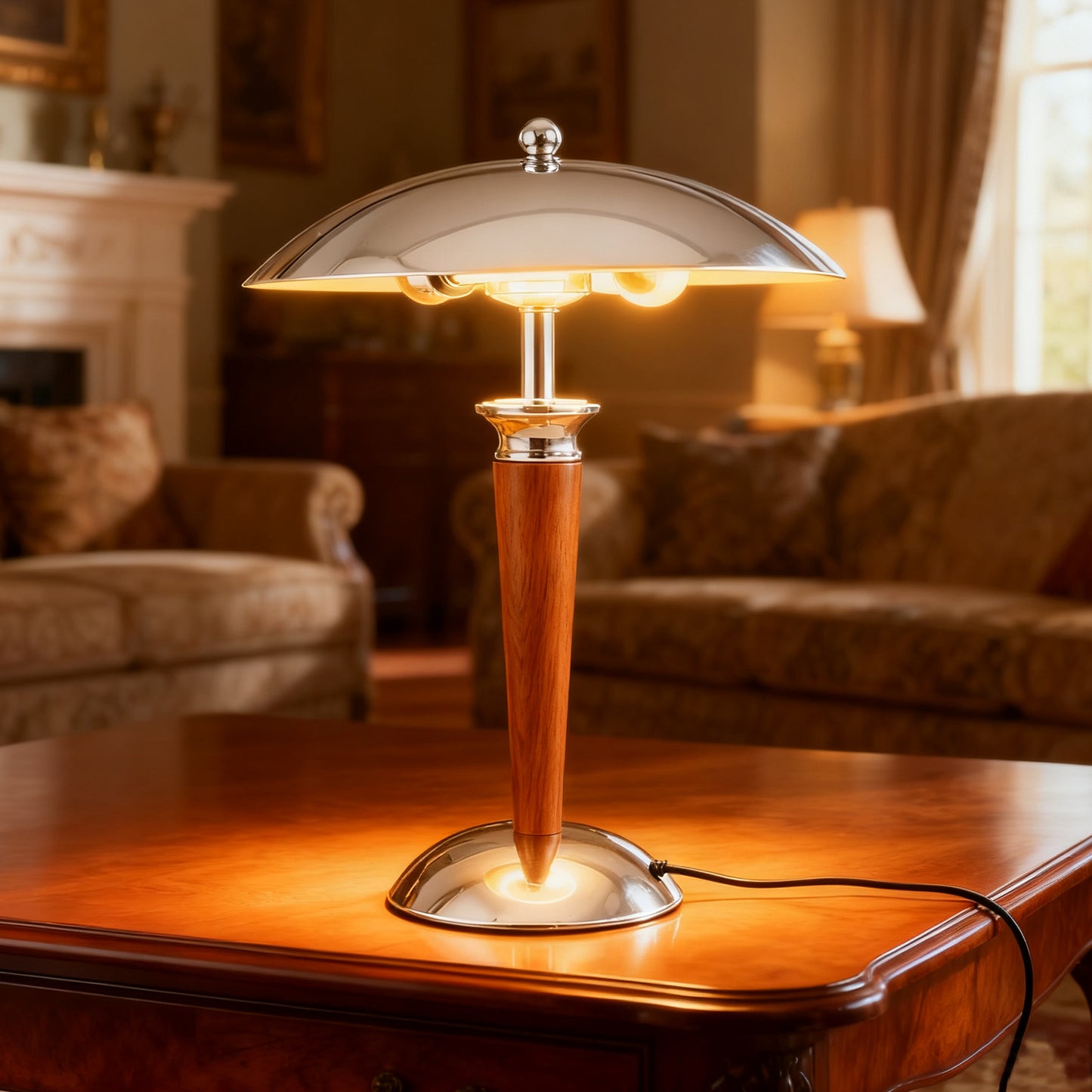 YANSUN 2-Light Table Lamp with Wood Base, Chrome Finish, Retro Flying Saucer Design, E12 Candelabra Sockets