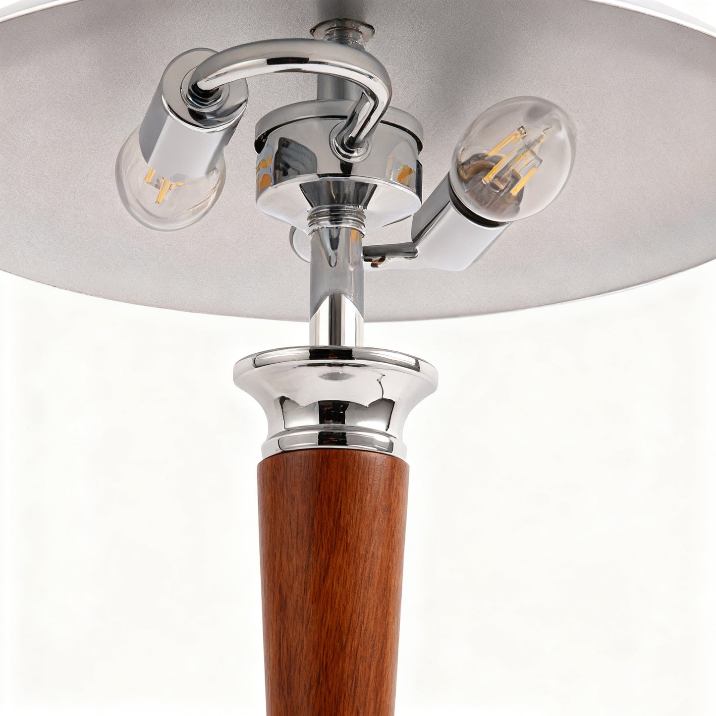 YANSUN 2-Light Table Lamp with Wood Base, Chrome Finish, Retro Flying Saucer Design, E12 Candelabra Sockets