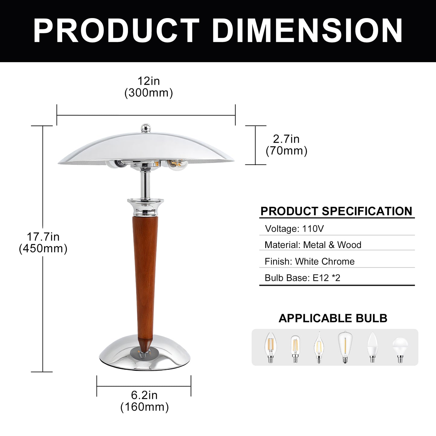 YANSUN 2-Light Table Lamp with Wood Base, Chrome Finish, Retro Flying Saucer Design, E12 Candelabra Sockets