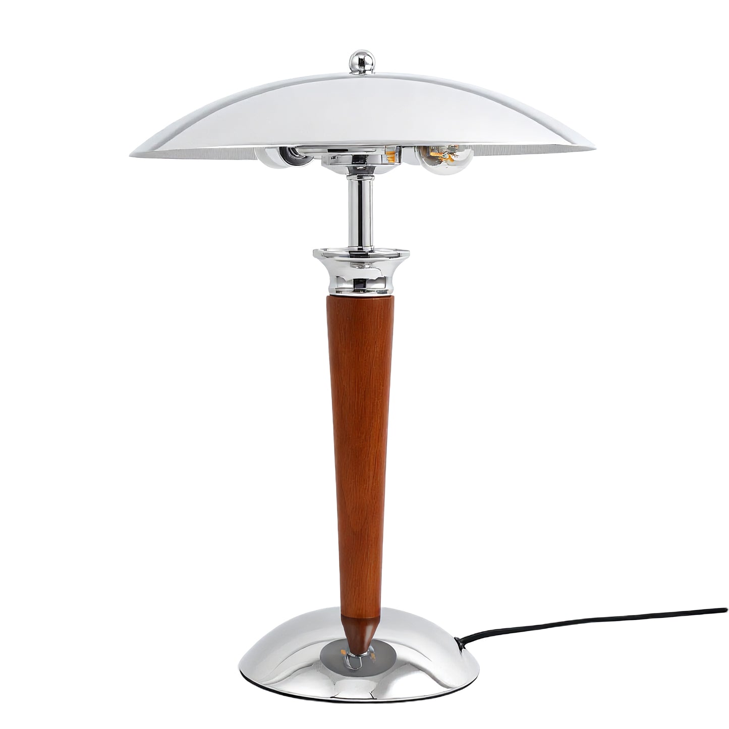 YANSUN 2-Light Table Lamp with Wood Base, Chrome Finish, Retro Flying Saucer Design, E12 Candelabra Sockets