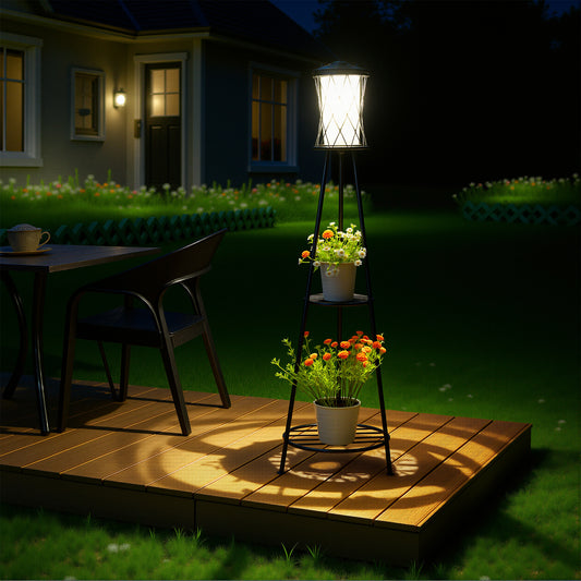 YANSUN Diamond Double-Layer Iron Frame Floor Lamp with 1W Monocrystalline Solar Panel, IP45, Black Finish, White & Warm Light