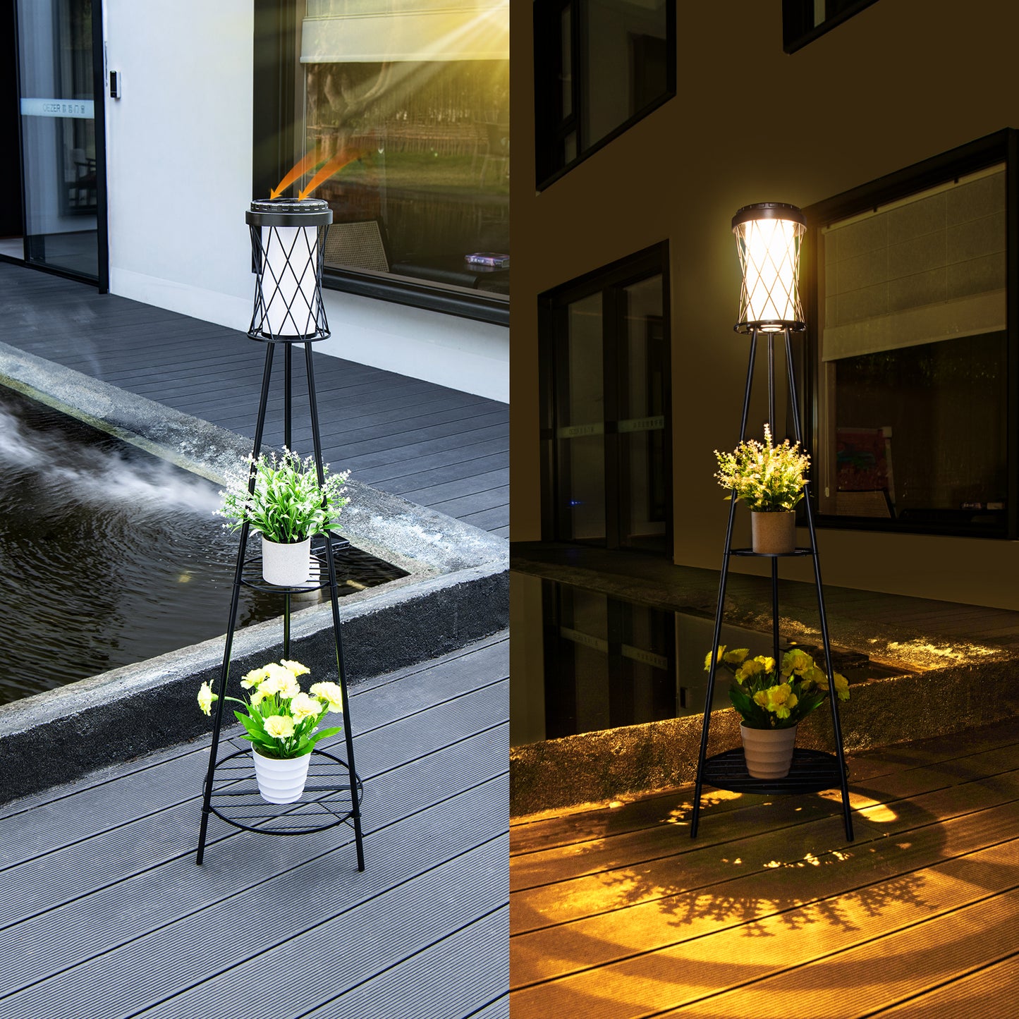 YANSUN Diamond Double-Layer Iron Frame Floor Lamp with 1W Monocrystalline Solar Panel, IP45, Black Finish, White & Warm Light