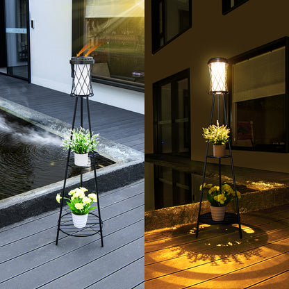 YANSUN Diamond Double-Layer Iron Frame Floor Lamp with 1W Monocrystalline Solar Panel, IP45, Black Finish, White & Warm Light