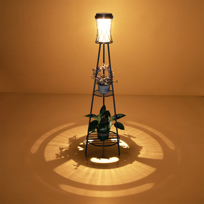 YANSUN Diamond Double-Layer Iron Frame Floor Lamp with 1W Monocrystalline Solar Panel, IP45, Black Finish, White & Warm Light