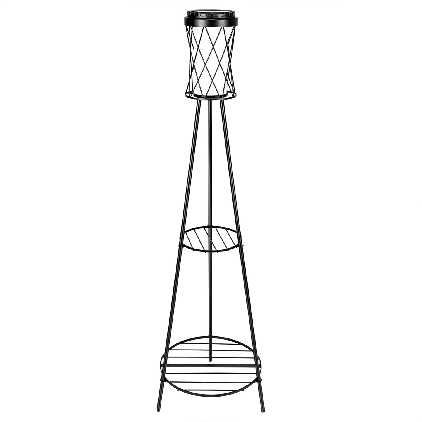 YANSUN Diamond Double-Layer Iron Frame Floor Lamp with 1W Monocrystalline Solar Panel, IP45, Black Finish, White & Warm Light