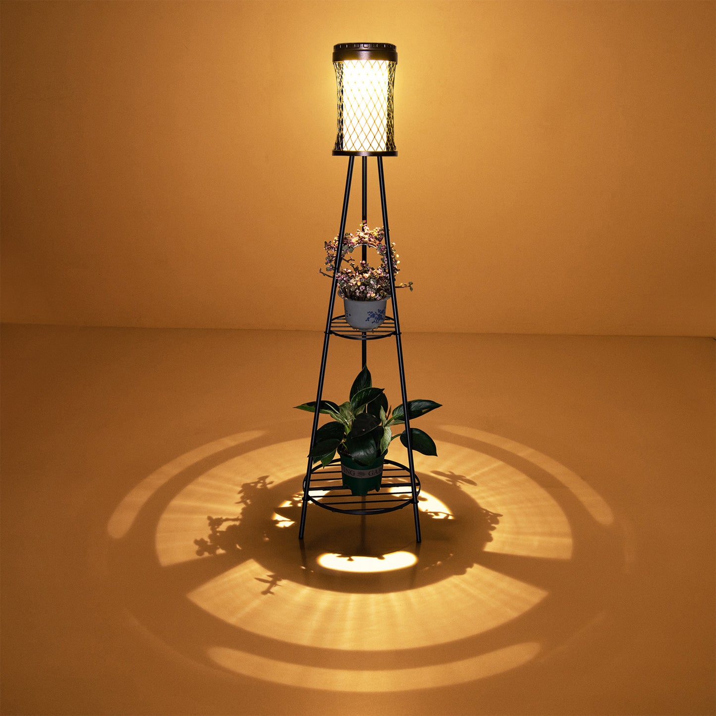 YANSUN Slim Waist Double-Layer Iron Frame Floor Lamp 1W IP45 with White & Warm Light, Black Finish