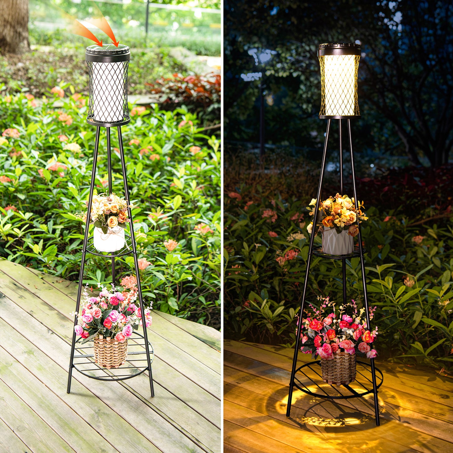 YANSUN Slim Waist Double-Layer Iron Frame Floor Lamp 1W IP45 with White & Warm Light, Black Finish