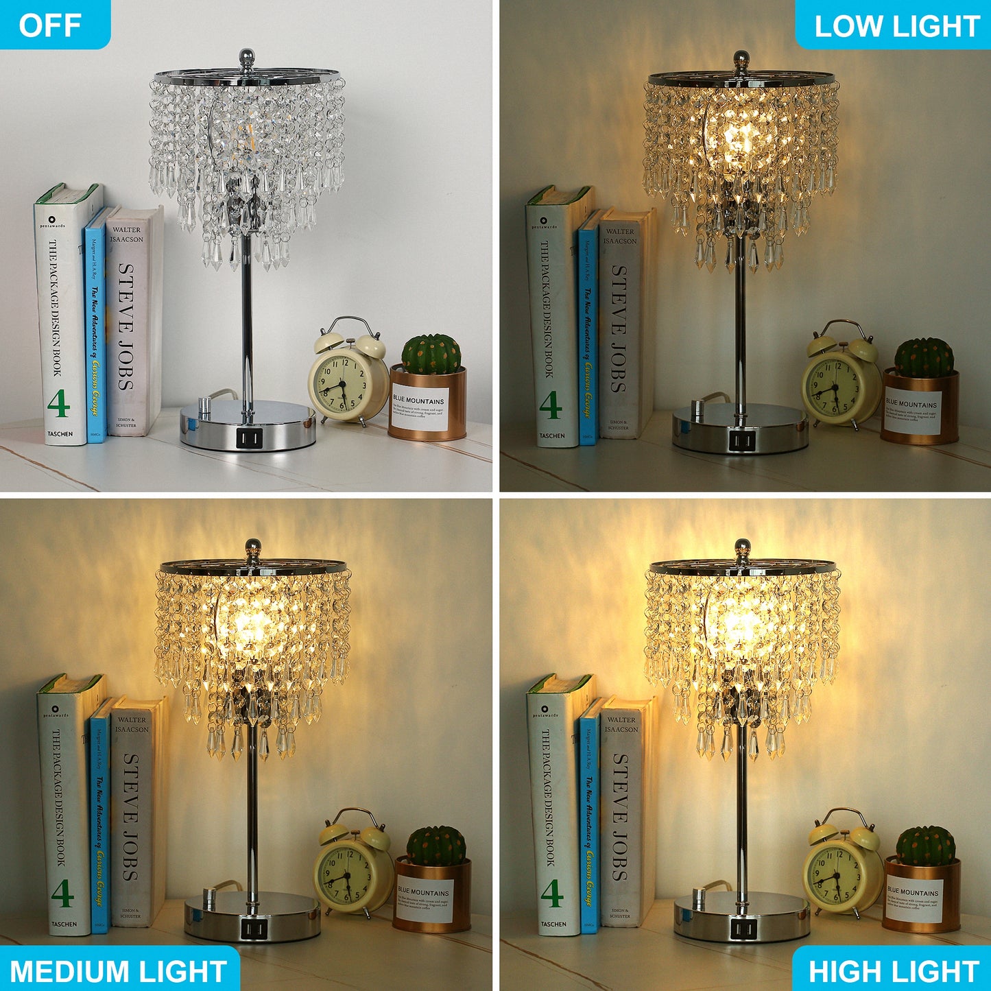 YANSUN Modern 1-Light Crystal Dimmable Table Lamp with Dual USB Charging and Rotary Switch (Light bulbs not included)
