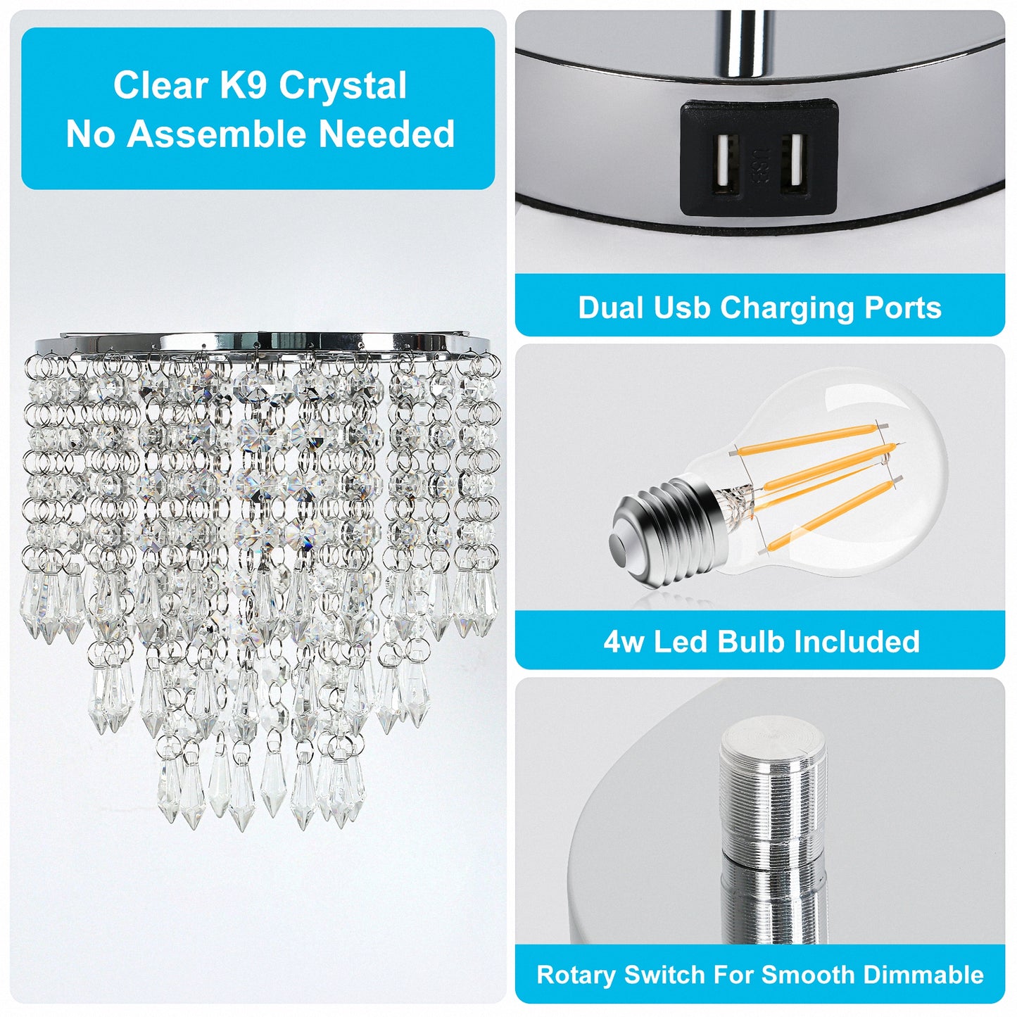 YANSUN Modern 1-Light Crystal Dimmable Table Lamp with Dual USB Charging and Rotary Switch (Light bulbs not included)