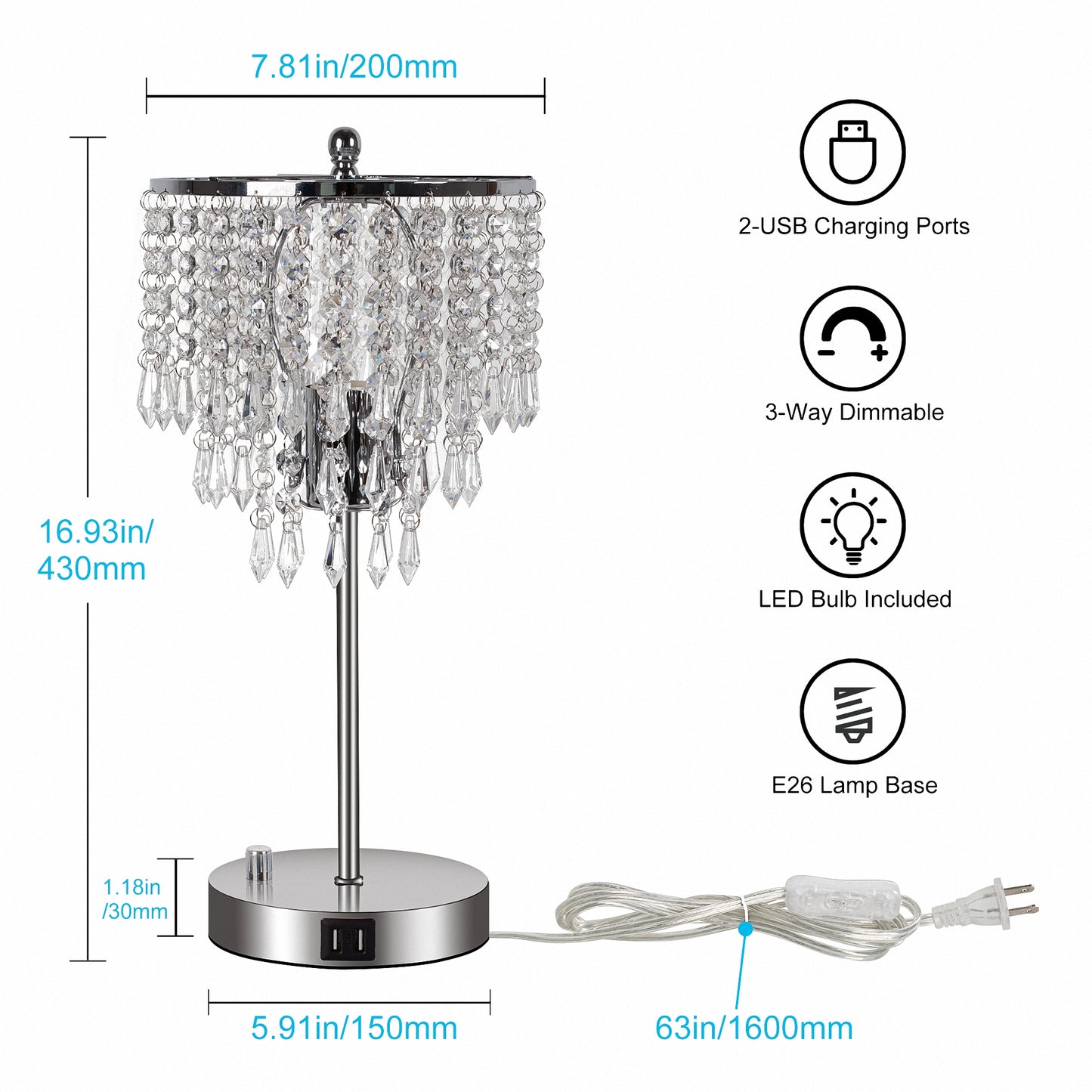 YANSUN Modern 1-Light Crystal Dimmable Table Lamp with Dual USB Charging and Rotary Switch (Light bulbs not included)