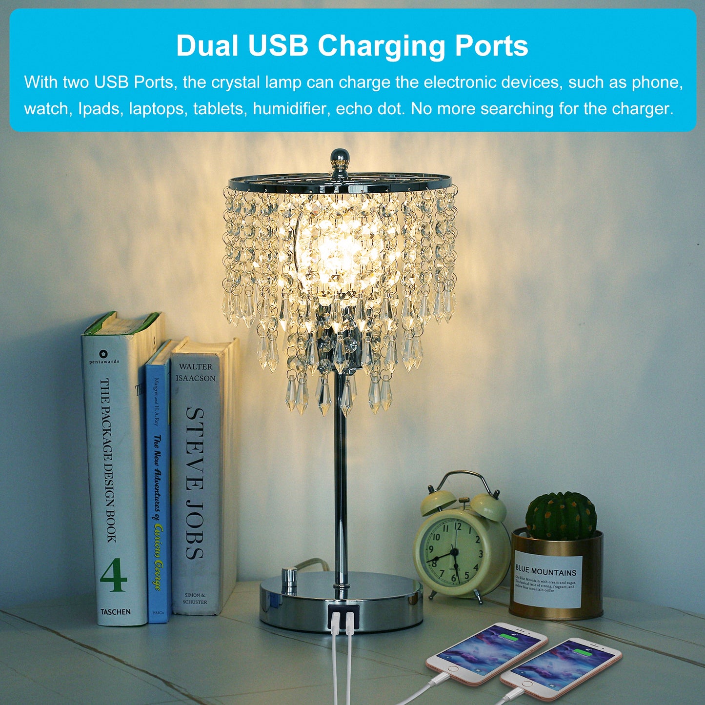 YANSUN Modern 1-Light Crystal Dimmable Table Lamp with Dual USB Charging and Rotary Switch (Light bulbs not included)