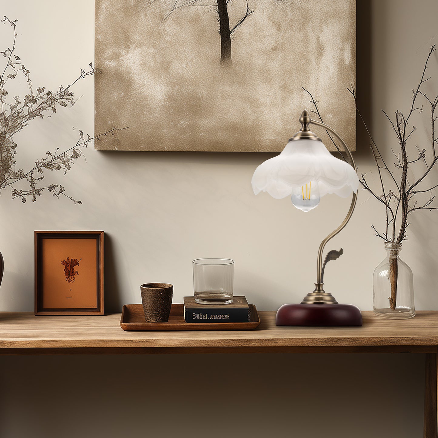 YANSUN 17 in. Vintage Floral Table Lamp with E26 Base, Decorative American Style Bedside Lamp, Classic Petal Design Table Light