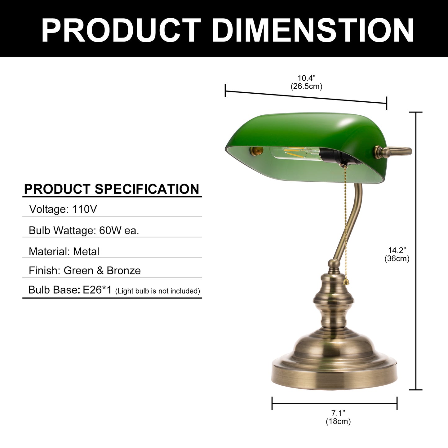 YANSUN 14 in. Vintage Retro Metal Table Lamp with Green Glass Shade, E26 Base for Bedroom, Living Room, and Dining