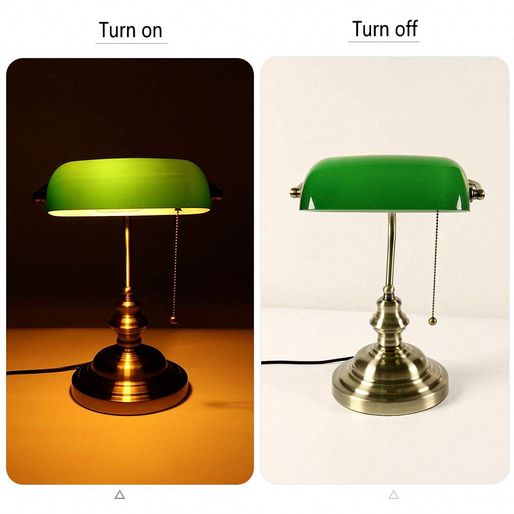 YANSUN 14 in. Vintage Retro Metal Table Lamp with Green Glass Shade, E26 Base for Bedroom, Living Room, and Dining